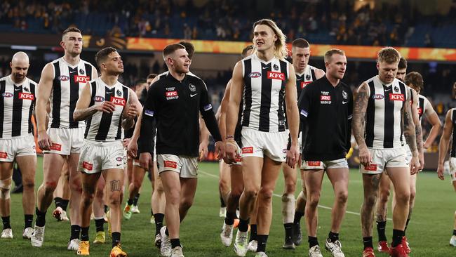 MELBOURNE, AUSTRALIA – August 5, 2023. AFL. Collingwood players after the round 21 match between the Hawthorn and Collingwood at Marvel Stadium in Melbourne. Photo by Michael Klein.