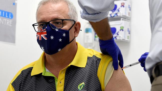 Prime Minster Scott Morrison is seen receiving his second and final COVID-19 vaccination . Picture: Bianca De Marchi