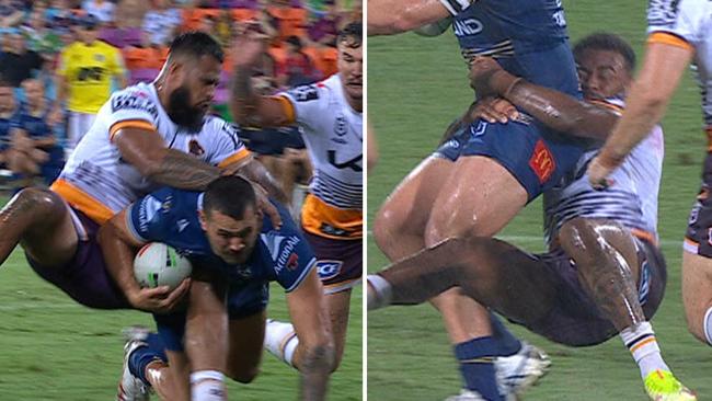 Payne Haas’ tackle (left) compared to Ezra Mam’s. Photos: Fox Sports.