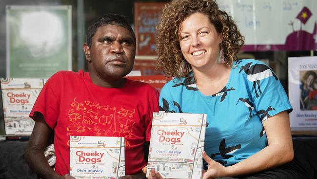 Deaf artist Dion Beasley and Johanna Bell collaborated on a children’s book 'Cheeky Dogs: To Lake Nash and Back'. Ms Bell has won this year’s NT Writers’ Centre Poetry Award. Picture: KERI MEGELUS