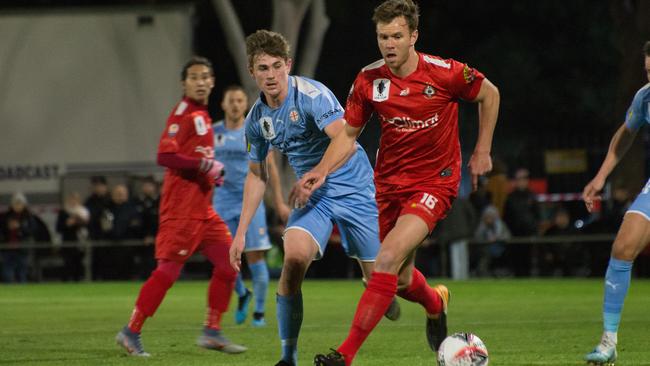 Campbelltown’s Daniel Mullen in an FFA Cup clash against Melbourne City at Newton last year.