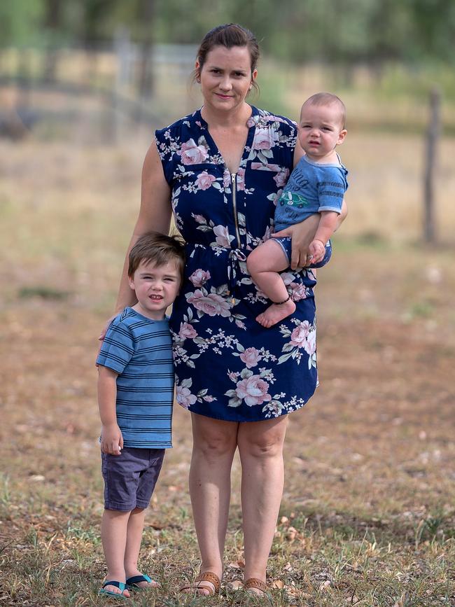 Clermont mum Lauren Shannon with sons Theo and Fletcher. Picture: Steve Vit 