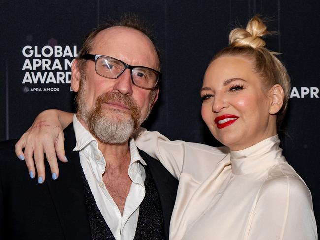 Singer-songwriters Colin Hay and Sia Furler, pictured at the Global APRA Music Awards in Los Angeles in February 2020, where Furler presented Hay with a distinguished services award for his outstanding contribution to Australian music. Photograph by Nick Demarais.