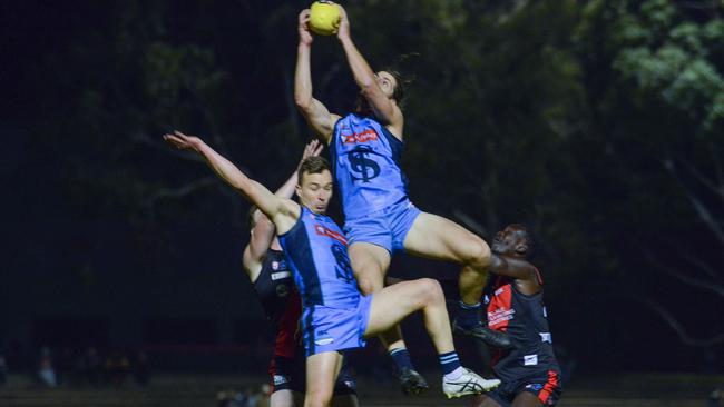 Josh Patullo takes a towering mark for Sturt. Picture: Brenton Edwards