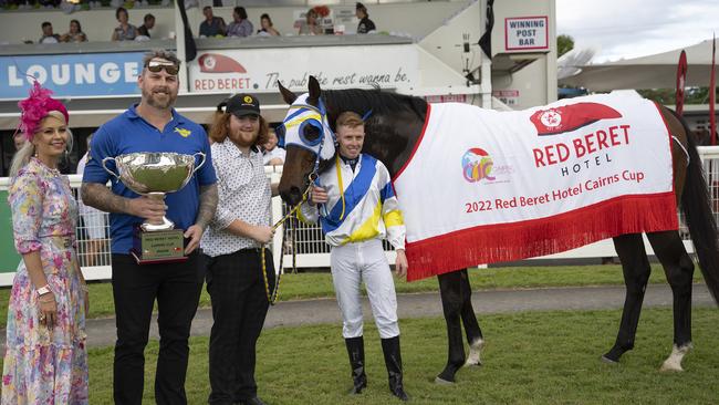 Kimberly Cockeran, Ricky Vale, Namazou, Jockey Les Tilley and Tom Headley after taking out the Cairns Cup. Photo by Emily Barker