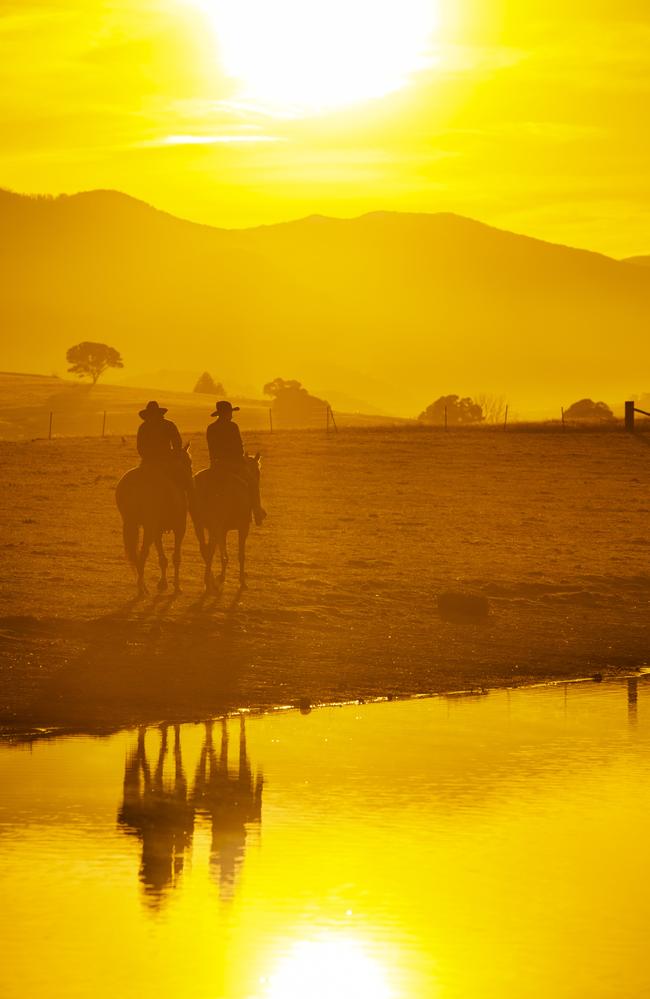 Merrijig, VIC: Charlie Lovick and Clara McCormack ride the Melbourne Cup off into the sunset. Picture: Zoe Phillips