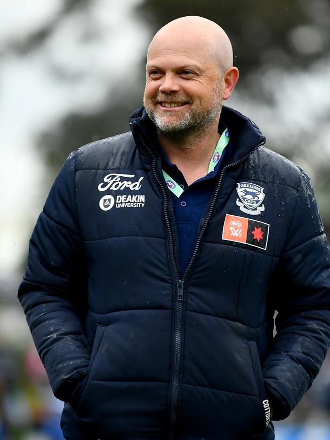 Geelong AFLW coach Dan Lowther is optimistic the Cats are on the right track heading into 2025. Picture: Josh Chadwick/AFL Photos/via Getty Images