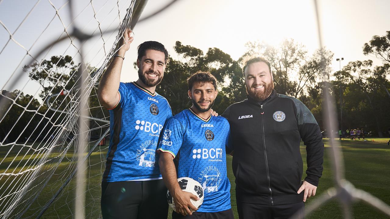 Carlo Troncone, Ali Hosseini, and George Francesco Belpirio at AC Unito training in Adelaide. Picture: Matt Loxton