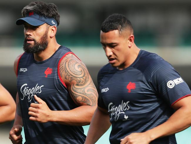 SYDNEY, AUSTRALIA - SEPTEMBER 16: (L-R) Isaac Liu, Zane Tetevano and Siosiua Taukeiaho run during a Sydney Roosters NRL training session at the Sydney Cricket Ground on September 16, 2019 in Sydney, Australia. (Photo by Matt King/Getty Images)