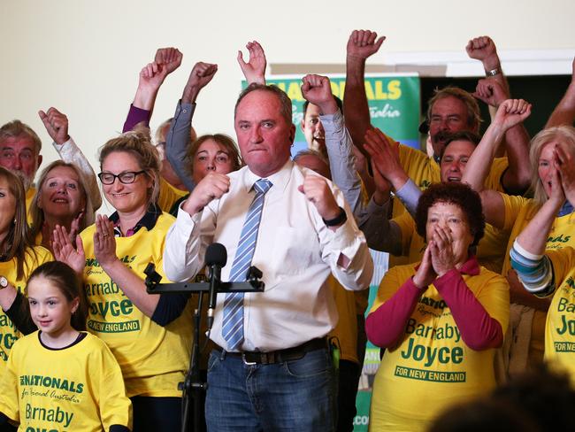 Barnaby Joyce celebrate his victory in the seat of New England. Picture: Peter Lorimer