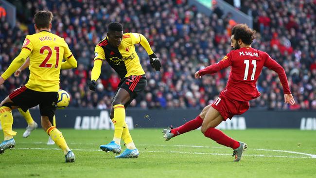 Mohamed Salah scores Liverpool’s first goal against Watford at Anfield. Picture: Getty Images