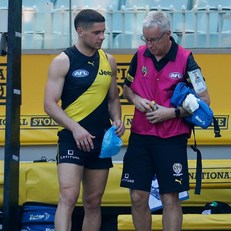 Dion Prestia was subbed out of the game with yet another soft tissue injury. Picture: Getty Images