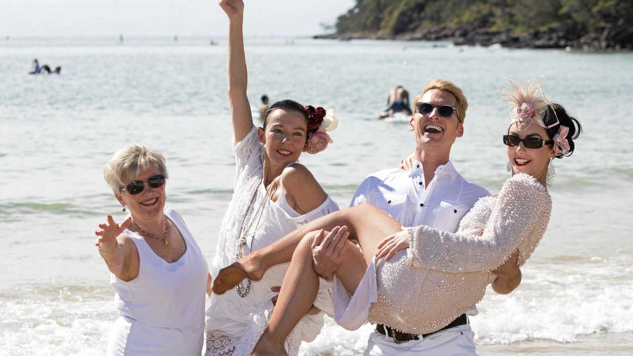 FUN COMES ALIVE: Pictured are festival president Johanne Wright with Penelope Mullens, Damien Anthony Rossi and Sunday Lucia. Picture: Barry Alsop