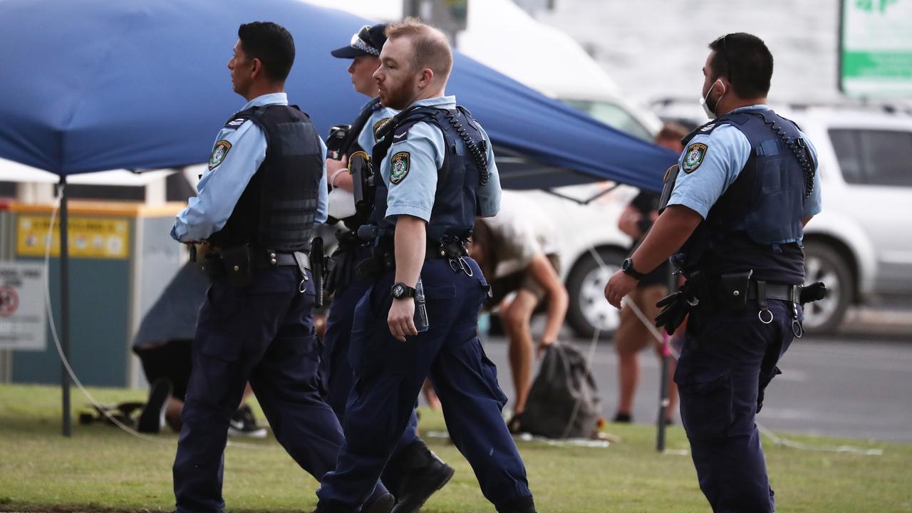 Byron Bay Police patrol Apex Park during Schoolies 2021. Picture: Jason O'Brien