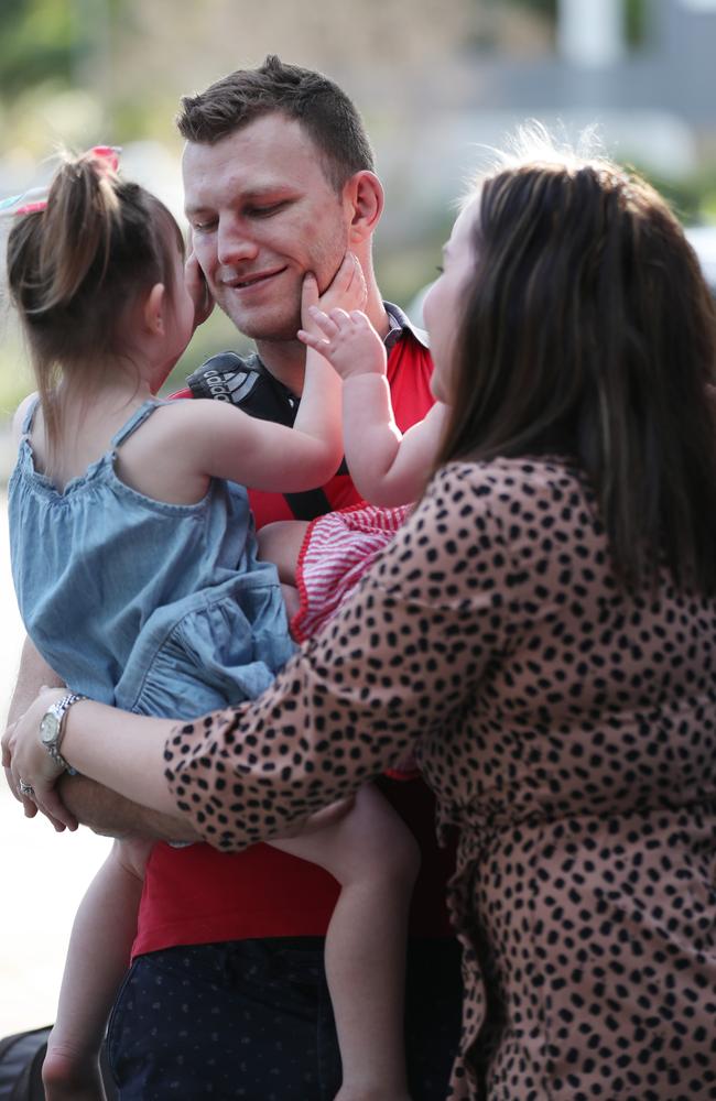 Jeff Horn reunited with his girls in Brisbane. Picture: Annette Dew