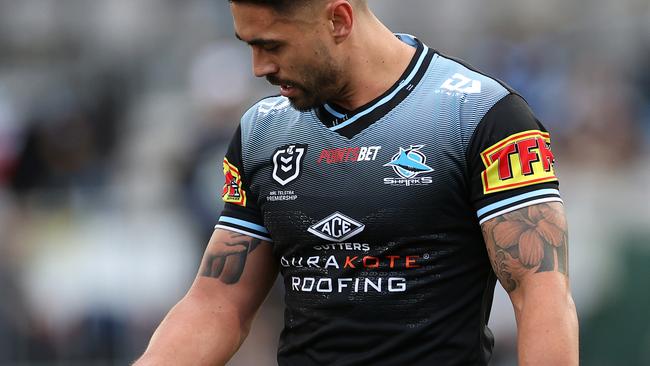 Cronulla's Shaun Johnson looks as his arm after the alleged bit from Kevin Proctor. Picture: Phil Hillyard