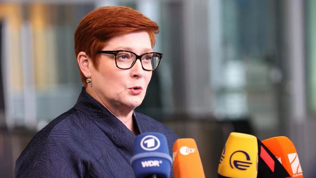 Foreign Minister Marise Payne speaks to the press before a meeting of NATO foreign ministers in Brussels on Thursday. Picture: AFP