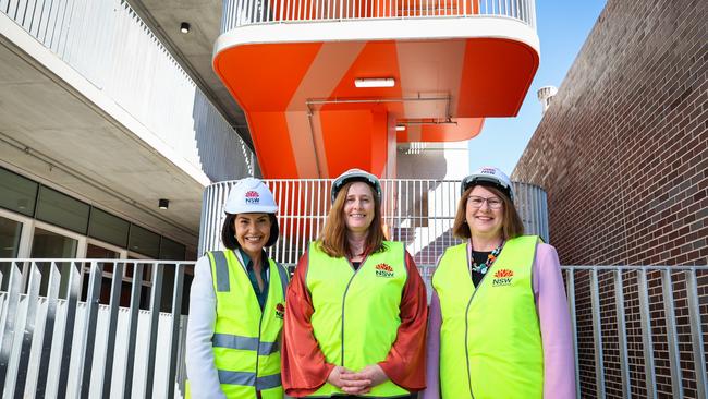 Education Minister Prue Car, Wentworth Point High School principal Melissa Johnston and Parramatta state Labor MP Donna Davis inspect the school under construction.