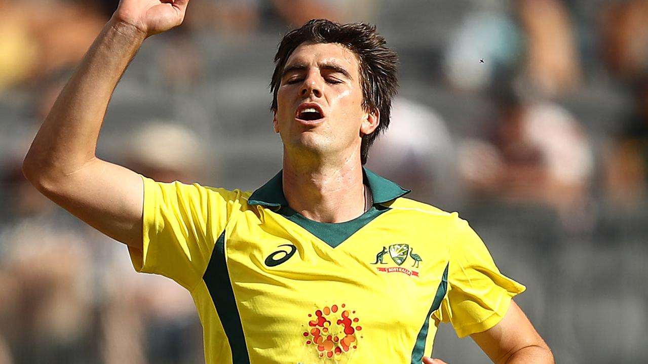 Pat Cummins of Australia reacts while bowling during the ODI in Perth.