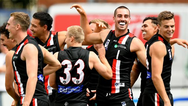 Noah Gown (No 1) of Frankston celebrates kicking a goal. (Photo by Josh Chadwick/AFL Photos/via Getty Images)