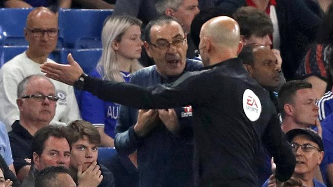 Chelsea manager Maurizio Sarri argues with the fourth official in the game against Burnley at Stamford Bridge