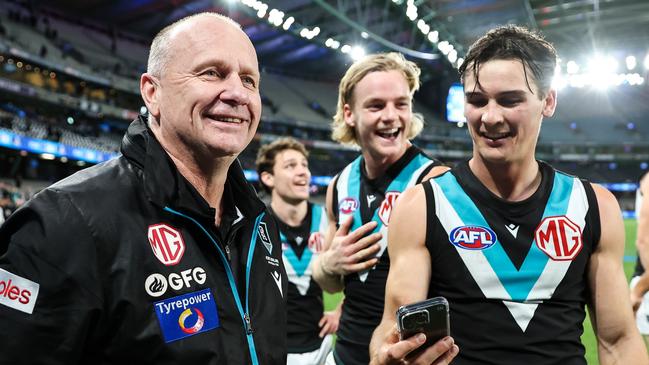 MELBOURNE, AUSTRALIA - JUNE 09: Ken Hinkley, Senior Coach of the Power celebrates during the 2023 AFL Round 13 match between the Western Bulldogs and the Port Adelaide Power at Marvel Stadium on June 9, 2023 in Melbourne, Australia. (Photo by Dylan Burns/AFL Photos via Getty Images)