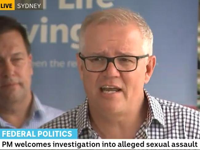 Prime Minister Scott Morrison addresses questions on rape allegations in Parliament during a press conference at the Collaroy Surf Life Saving Club in Sydney. Picture: ABC News via NCA NewsWire