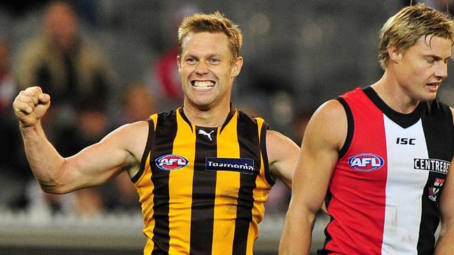 05/05/2012 SPORT: Hawthorn v St Kilda. MCG. Sam Mitchell celebrates a goal by team mate Isaac Smith Pic. George Salpigtidis