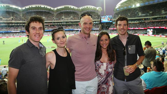 Geraint Thomas (left) with Sky teammates Ian Stannard and Luke Rowe at a Big Bash League game at Adelaide Oval. Picture: Sarah Reed.