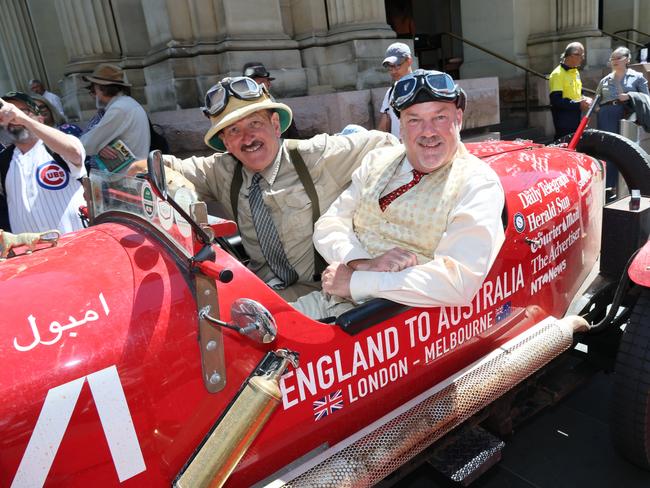 Warren Brown and Matthew Benns from The Daily Telegraph in Melbourne after recreating Francis Birtles' 1927 journey from London to Melbourne in the Bean open-top sports car. Picture: NewsWire/ David Crosling