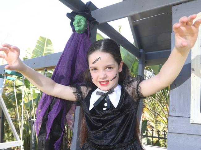 Olive, 5 and Henry, 2 and Teddy (5 months) Boswell getting ready for Halloween on the Gold Coast. Picture: Richard Gosling