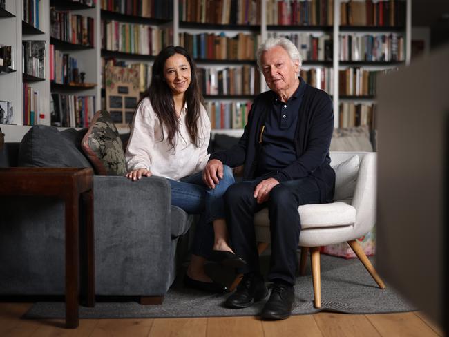 Michelle Baker and Rai Gaita, who are the wife, and father in law, of Mark Baker, at home in St Kilda, Melbourne. Michelle was married to Mark, who died before he was able to complete his book. She completed it for him, with her father in law.. Picture: Alex Coppel