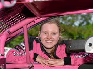 BRAVE FIGHT: Ashleigh Moller, 16, will miss Saturday's Maryborough Speedway meet as she prepares for brain surgery. Her pink number 44 kart, inset, will still be on the track. Picture: Matthew McInerney