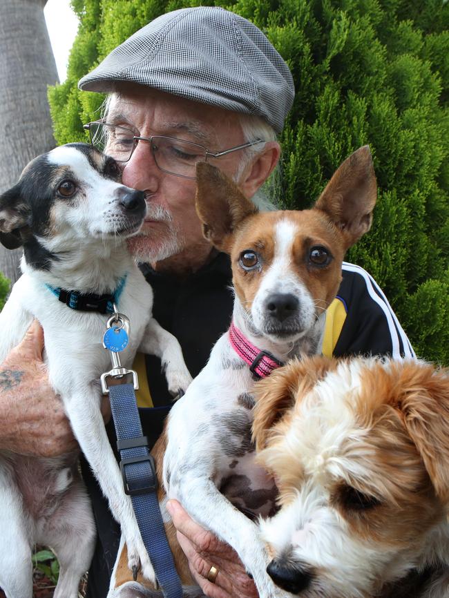 Andy Snook and his dogs Rascal, Casey,and Peaches. (AAP IMAGE / Robert Pozo)