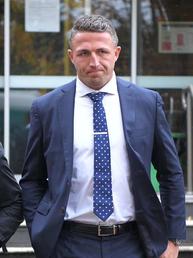 Retired NRL star Sam Burgess faced court on charges of intimidating his former father-in-law. Picture: NCA NewsWire/Simon Bullard