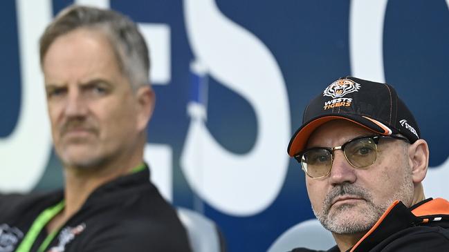 TOWNSVILLE, AUSTRALIA - JULY 01: West Tigers Board Director Lee Hagipantelis and CEO Justin Pascoe look on before the start of the round 18 NRL match between North Queensland Cowboys and Wests Tigers at Qld Country Bank Stadium on July 01, 2023 in Townsville, Australia. (Photo by Ian Hitchcock/Getty Images)