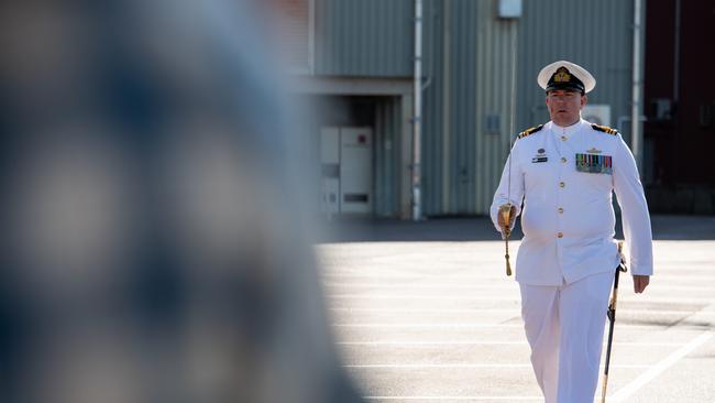 Lieutenant Commander Christopher Wardle marches on parade. Picture: Pema Tamang Pakhrin