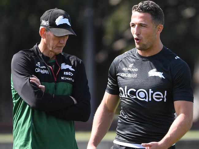 Coach Wayne Bennett (left) and Sam Burgess of the South Sydney Rabbitohs during a training session at Redfern Oval in Sydney, Thursday, September 19, 2019. The Rabbitohs are set to play the Manly Sea Eagles in an NRL Finals match at ANZ Stadium on Friday. (AAP Image/Joel Carrett) NO ARCHIVING