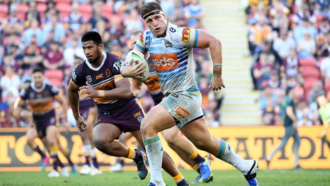 Jarrod Wallace sets off in space during the Round 13 NRL match between the Brisbane Broncos and the Gold Coast Titans. Picture: AAP Image/Dave Hunt