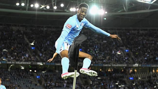 Bruce Kamau celebrates scoring for City against Victory.