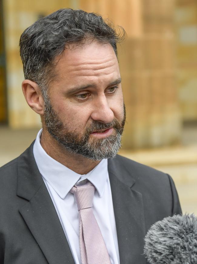 Defence lawyer Andrew Graham speaks about the Jaydn Stimson case outside Adelaide Magistrates court. Picture: NCA NewsWire / RoyVphotography