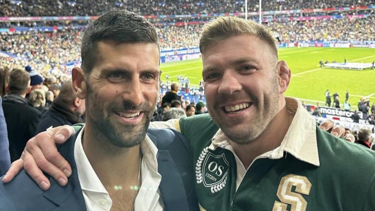 Du Plessis with Novak Djokovic at the Rugby World Cup final in Paris last year. Picture: Instagram