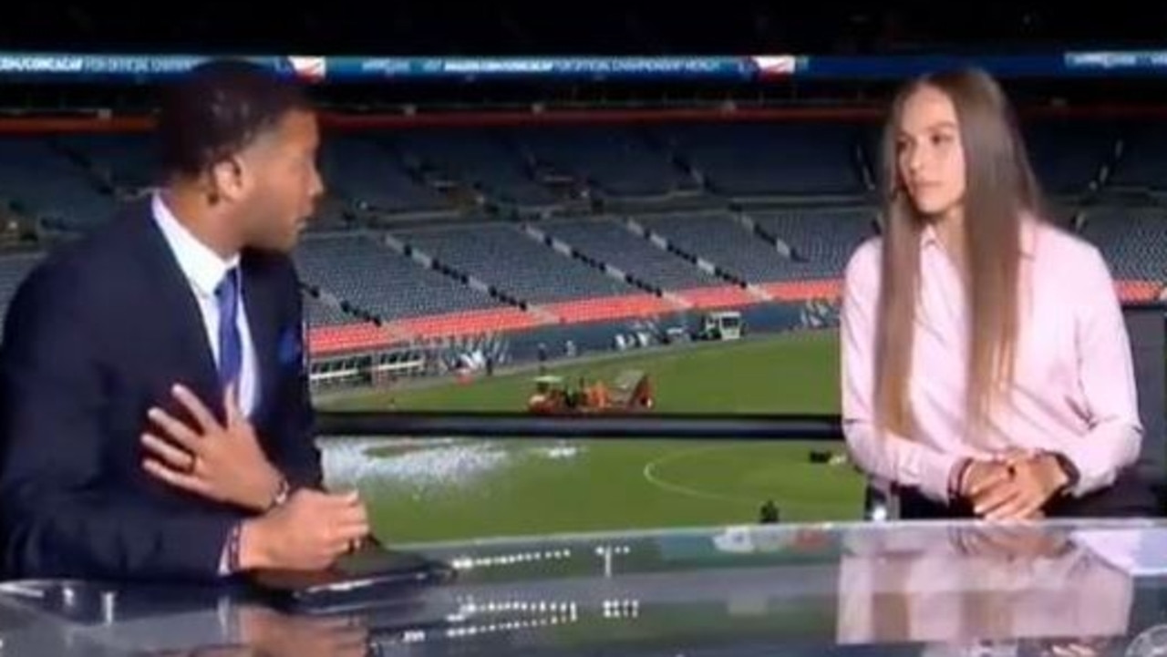 A male sports commentator has come under fire after threatening to “choke” his female co-host on-air during a soccer game broadcast. Picture: CBS