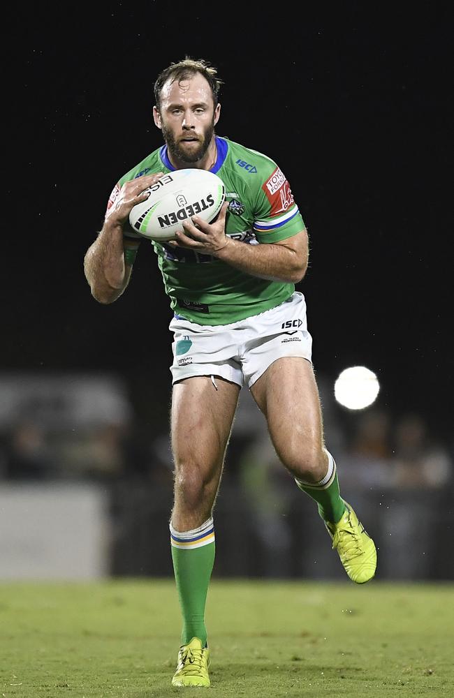 Matt Frawley of the Raiders runs the ball during the round 24 NRL match between the New Zealand Warriors and the Canberra Raiders at BB Print Stadium, on August 27, 2021, in Mackay, Australia. Picture: Ian Hitchcock