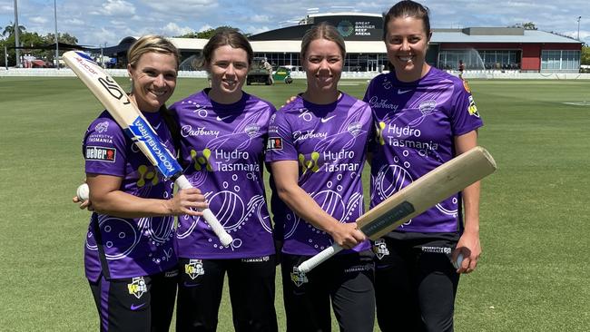 Hobart Hurricanes Mignon Du Preez, Sasha Moloney, Naomi Stalenberg and Molly Strano in their WBBL inaugural First Nations Round strip. Picture Hobart Hurricanes