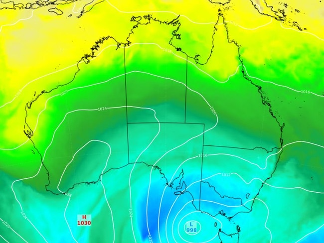 Modelled 850 hPa temperature and mean sea level pressure (MSLP) showing cold air being driven over southeastern Australia on Sunday, June 8, 2025. Picture: Weatherzone