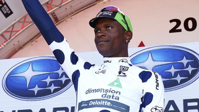 Nicholas Dlamini on the podium after taking the Subaru King of the Mountain jersey. Picture: Sarah Reed