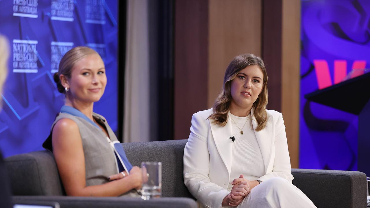 Grace Tame and Brittany Higgins were asked to comment on the lack of men present in the National Press Club for their sold-out address on Wednesday. Picture: NCA Newswire/Gary Ramage