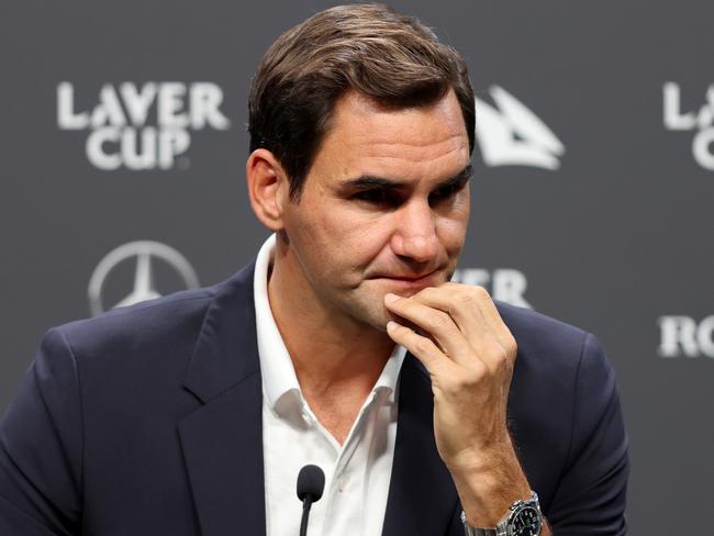 LONDON, ENGLAND - SEPTEMBER 21: Roger Federer of Team Europe talks to the media during a press conference ahead of the Laver Cup at The O2 Arena on September 21, 2022 in London, England. (Photo by Clive Brunskill/Getty Images for Laver Cup)