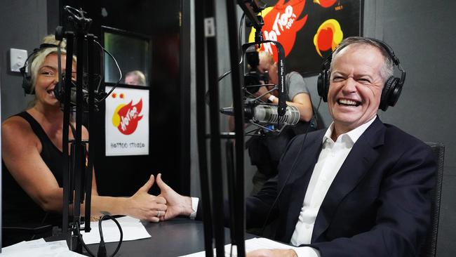 Opposition Leader Bill ‘The Fairness Guy’ Shorten engaging in a thumb war with a Darwin radio host after announcing $115.1 million health package for First Australians. Picture: Stefan Postles/Getty